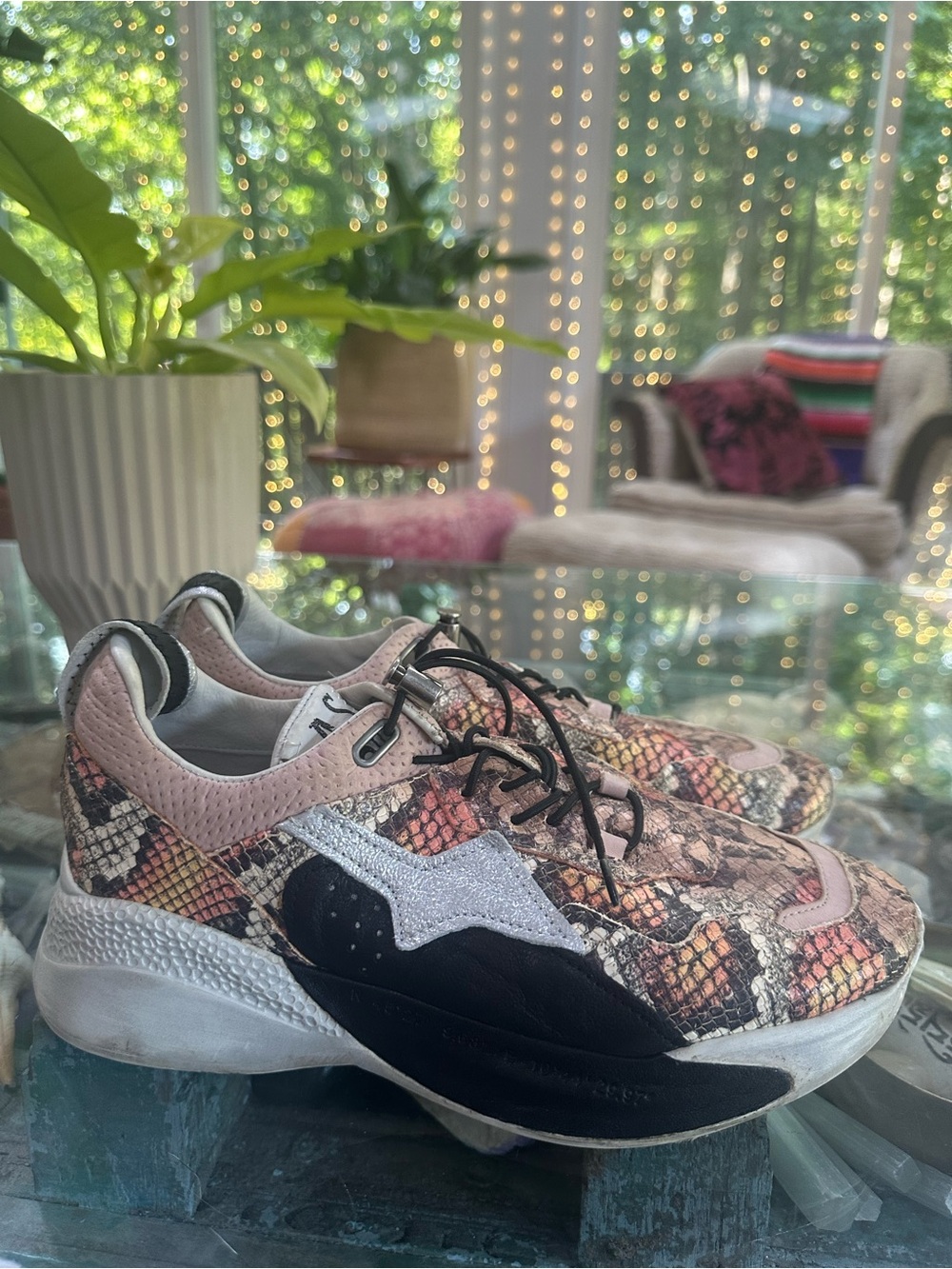 A.S.98 Pink Multicolor Snakeskin-Print Sneakers size 7.5/38
